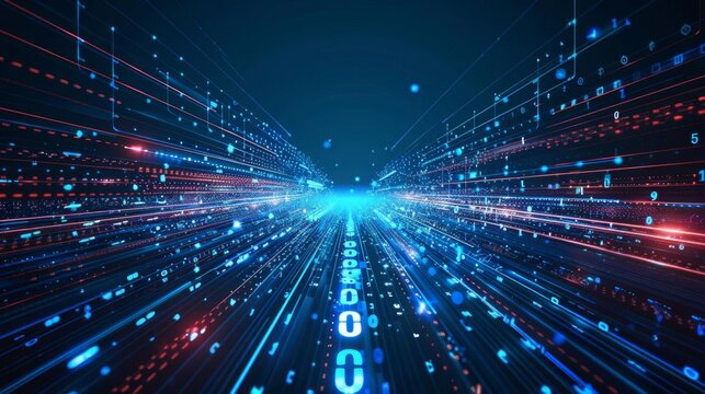 Abstract futuristic digital technology background with binary code, data transfer, and light trails illustrating high-speed internet and data flow.