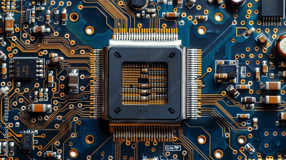 Poster close-up of a detailed computer motherboard showcasing intricate circuitry and electronic components