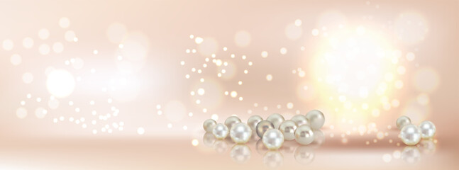 Elegant Makeup Display Podium with Pearls and Gold for a Luxurious Look Background for product presentation with design mockup, banner with empty copy space for text. Product mockup, 