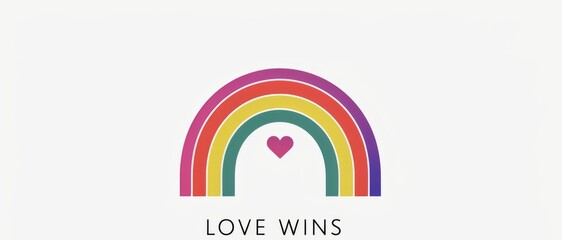 A minimalist rainbow logo featuring the words "LOVE WINS" below, designed for pride month on a white background. 