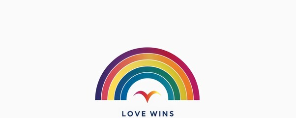 A minimalist rainbow logo featuring the words "LOVE WINS" below, designed for pride month on a white background. 