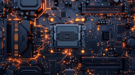 Fototapeta premium Close-up view of a dark motherboard with glowing orange circuitry and components, showcasing modern technology and electronic hardware.