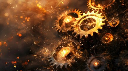 Glowing Steel Gears in Surreal Dream like Imagery for Futuristic Technology Design