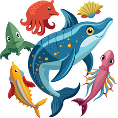 Different types of sea animals. Ocean animals vector illustration