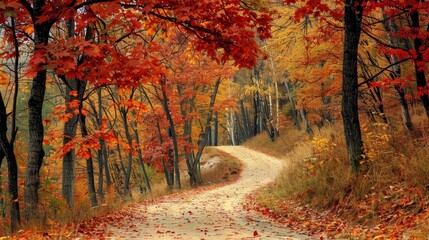 Obraz premium Scenic autumn forest path with vibrant fall foliage, showcasing colorful red and orange leaves enhancing the natural beauty of the woodland trail.