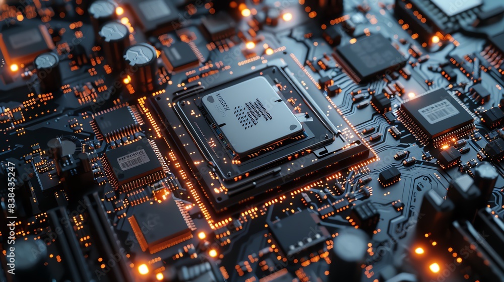 Poster close-up view of a high-tech computer motherboard with illuminated circuits and microchips, showcasi