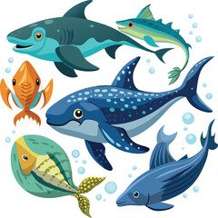 Different types of sea animals. Ocean animals vector illustration