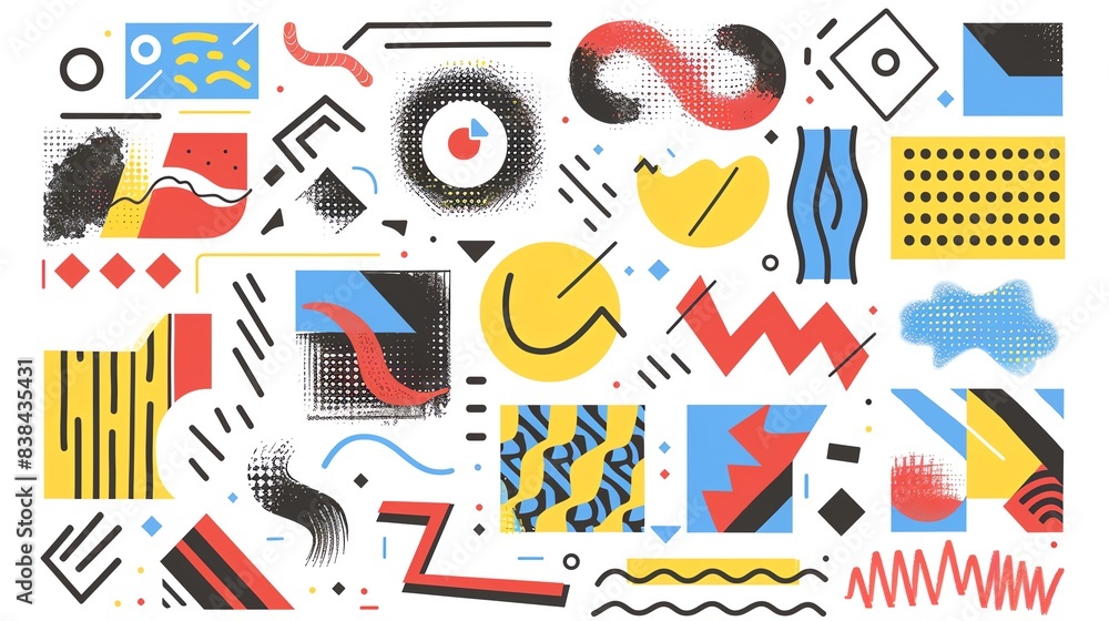 Poster colorful abstract geometric pattern with various shapes and designs in vibrant hues, creating a live