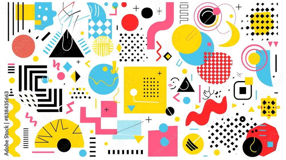 Poster colorful abstract geometric pattern with various shapes, lines, and dots. bright and playful design,
