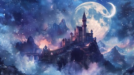 Obraz premium Enchanting Castle in the Starry Night Sky - Fantastical Landscape