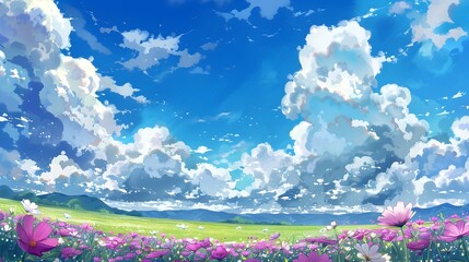 Fototapeta premium Enchanting Dreamlike Landscape with Pink Flowers and Cloudy Blue Sky in Scenic Nature