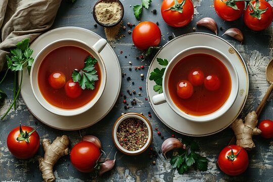 Siop sop, sostelak with tomato and garlic on a grey wooden background, a top view of two bowls filled with soup, ingredients for making gazpacho gatherings in the house.