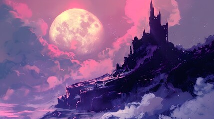 Enchanting Fantasy Castle Beneath a Dramatic Moonlit Sky with Swirling Clouds