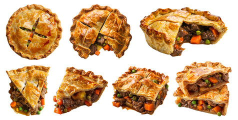 Set of classic tradition meat beef pot pie tart tartlet pastry dessert, on transparent cutout, PNG file. Many assorted different angles, stack, broken, slice, pile. Mockup template for artwork