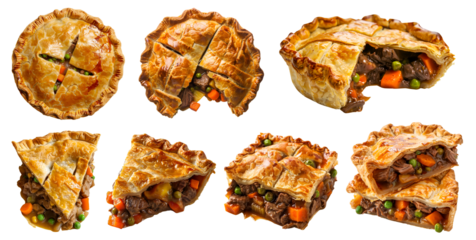 Set of classic tradition meat beef pot pie tart tartlet pastry dessert, on transparent cutout, PNG file. Many assorted different angles, stack, broken, slice, pile. Mockup template for artwork