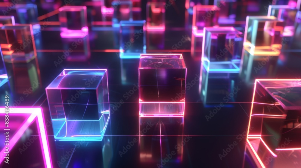 Poster a futuristic landscape of neon-lit transparent cubes creating a dynamic and vibrant abstract digital