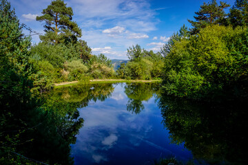 Obraz premium Lagoon with trees and blue sky with fluffy clouds