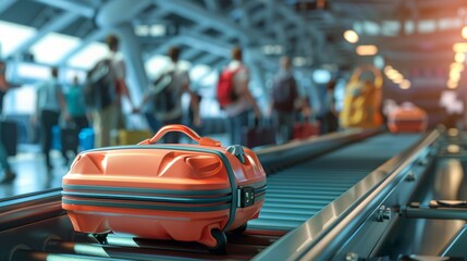 Obraz premium Vibrant Luggage on Conveyor Belt in Busy Airport Terminal