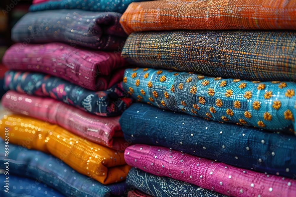 Poster a stack of colorful fabrics, each folded neatly and stacked high in the fabric shop.