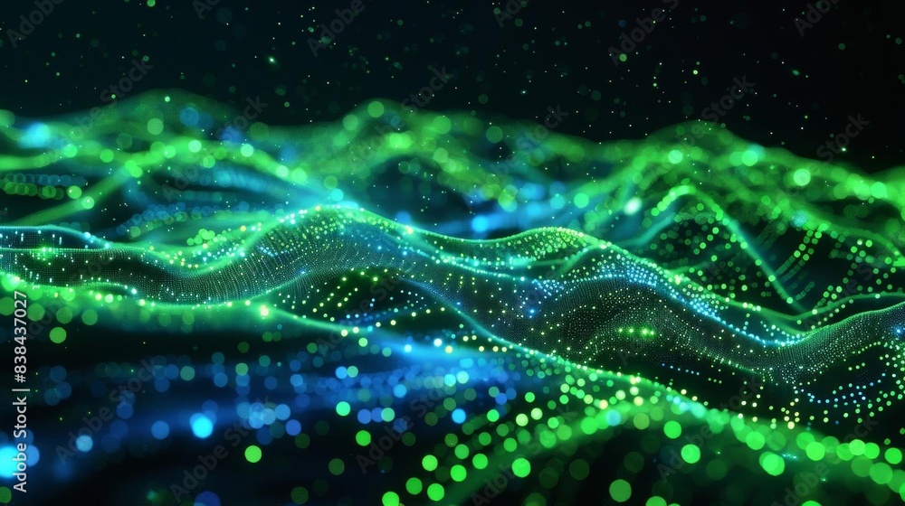 Poster abstract digital wave with glowing green and blue dots, representing data flow and connectivity in a