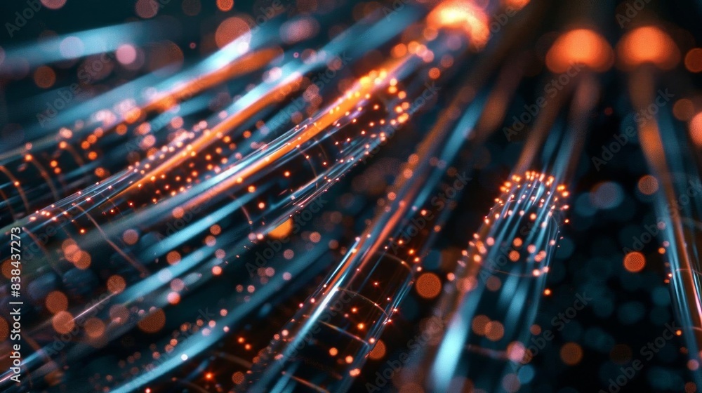Poster abstract representation of data transmission with glowing lines and digital particles, showcasing mo