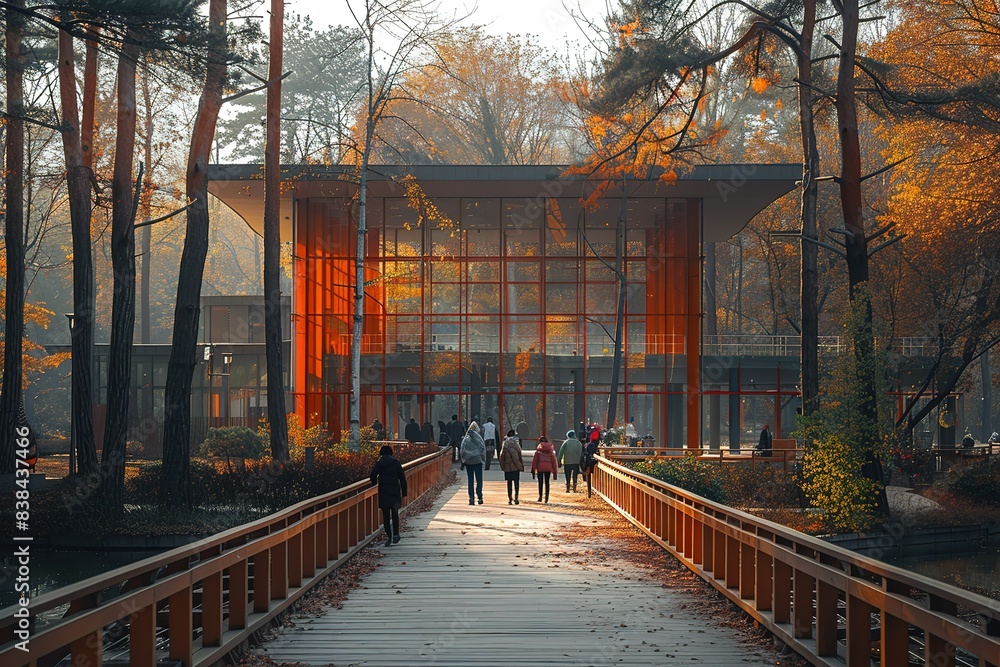 Aufkleber a group of people walk across a bridge in front of a large building