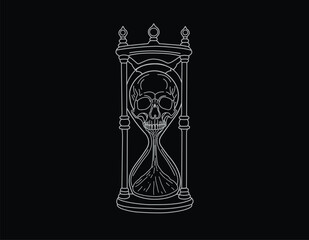 Vector illustration. Gothic clock. Hourglass with skull. Graphic arts. Sand clock. Human skull. Antique item. On a white background. Graphic drawing. Mystical illustration. Line drawing. 