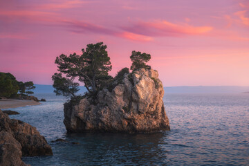Famous rock with green trees on top and blue sea in Brela, Croatia at sunset in summer. Colorful...