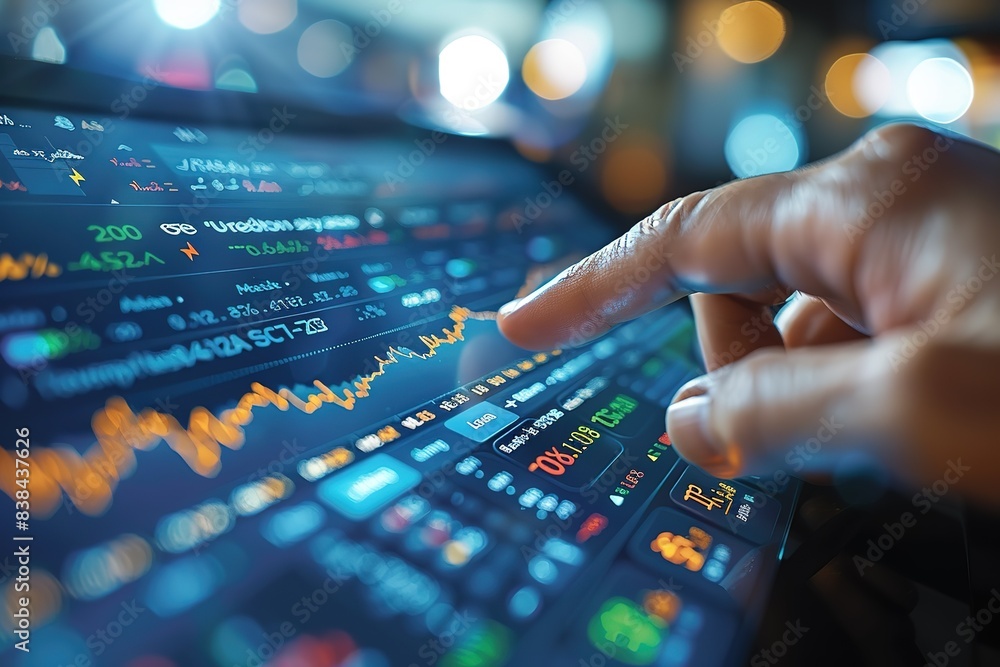 Poster a person is pointing at a stock market graph on a computer screen