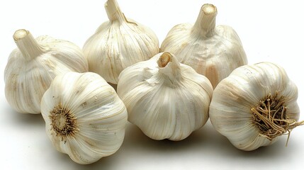   A cluster of garlics sits together atop a white background, with several garlic heads positioned in front of them
