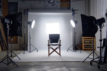 Documentary Interview Setup with Professional Studio Lighting and Background Equipment