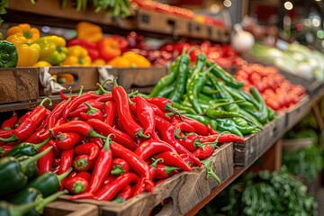 A pile of fresh red chili peppers and green peppers