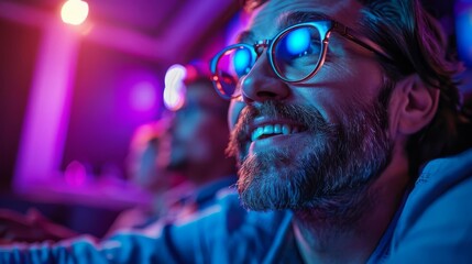 Movie enthusiasts gathered in a home theater, watching a classic film