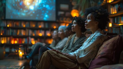 Fototapeta premium Book club meeting with members discussing via holographic screens and AR book summaries