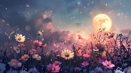 Fototapeta premium Enchanting Moonlit Garden Scene with Glowing Flowers and Mystical Atmosphere