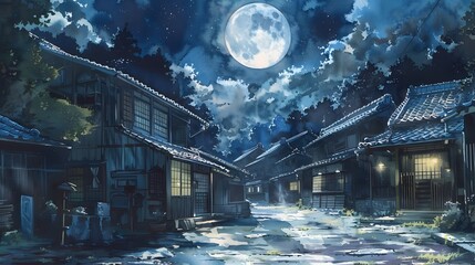 Enchanting Moonlit Japanese Village Scene with Traditional Architecture and Glowing Lanterns