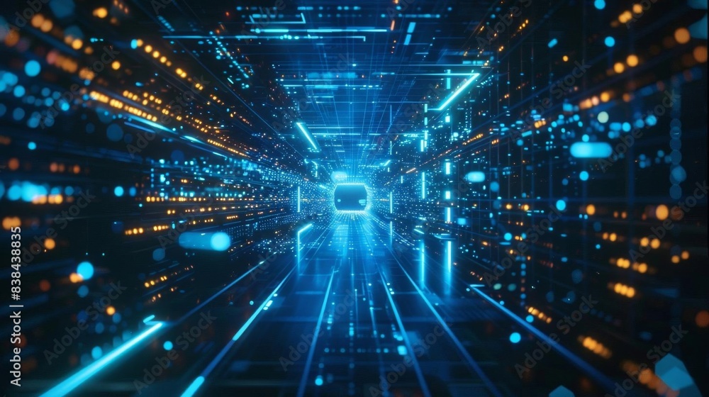 Poster futuristic digital data stream with glowing lights and lines, representing advanced technology and f