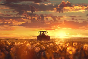 Fototapeta premium Farmer Driving Tractor Through Genetically Modified Crop Field at Sunset for Agricultural Poster