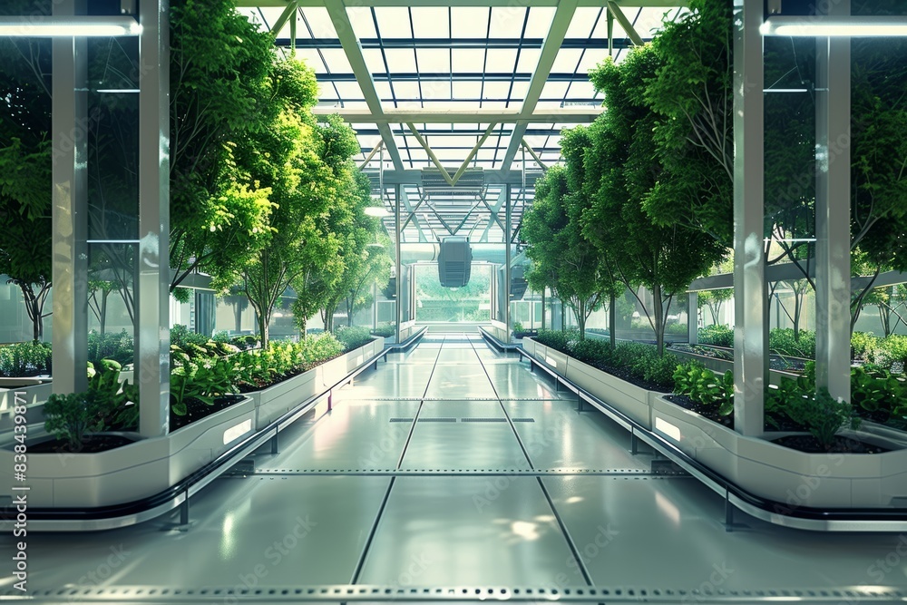 Poster high-tech modern farm with genetically modified crops and automated machinery design for efficiency