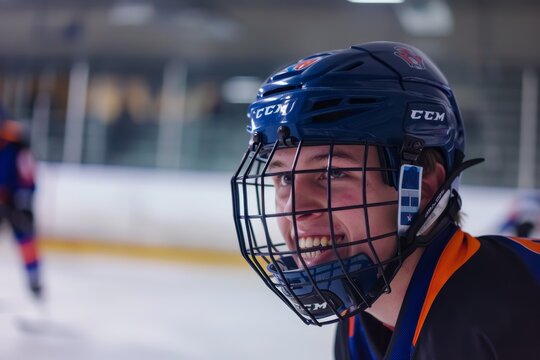 Hockey Player in Protective Mouthguard During Game Emphasizing Dental Safety in Sports
