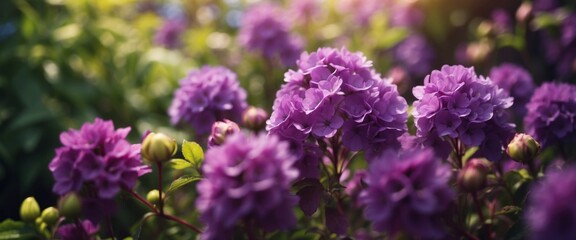 Fototapeta premium Beautiful summer spring flower border of purple flowers in nature close-up Colorful floral background.