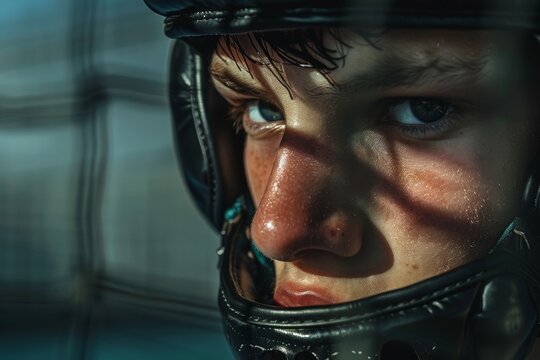 Focused Young Boxer Wearing Protective Headgear, Ready for a Competitive Match - Powered by Adobe