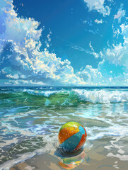 Obraz premium Vibrant beach scene with a colorful beach ball in the surf, under a magnificent blue sky and fluffy clouds.