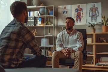 Sports Psychologist Discussing Doping Effects with Athlete in Professional Office Setting