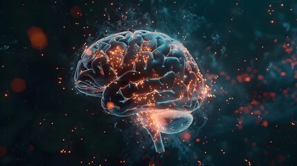 A futuristic bionic human brain with wireframe and digital data flowing, adapting new AI technology concept 