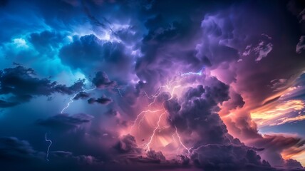 Cloudy and windy storm in a stunning landscape, power of thunderstorm and dramatic weather in climate change, fictional landscape