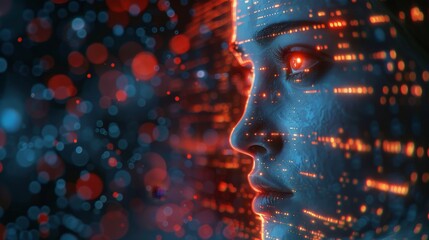 A close-up digital illustration of a womans face, featuring red eyes and glowing orange lines against a dark background with blue and red bokeh