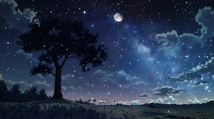 Fototapeta premium Enchanting Starry Night Landscape with Silhouetted Tree Under Moonlit Sky