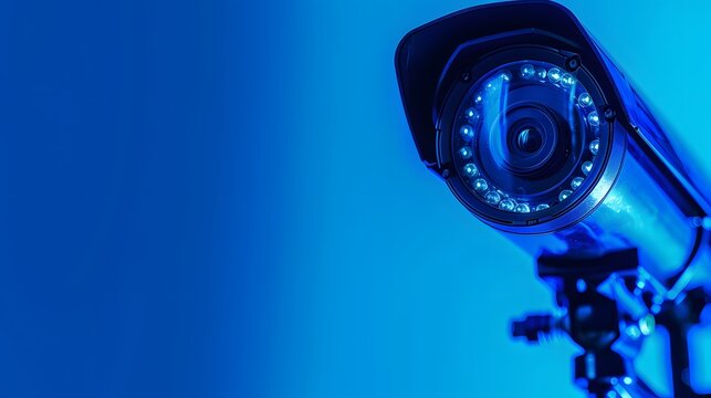 Security camera mounted on plain, light-colored wall, symbolizing surveillance and privacy concerns