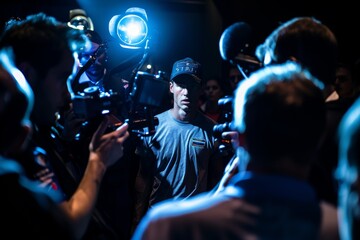 Athlete Surrounded by Media After Doping Allegations - Dramatic Scene with Flashing Lights